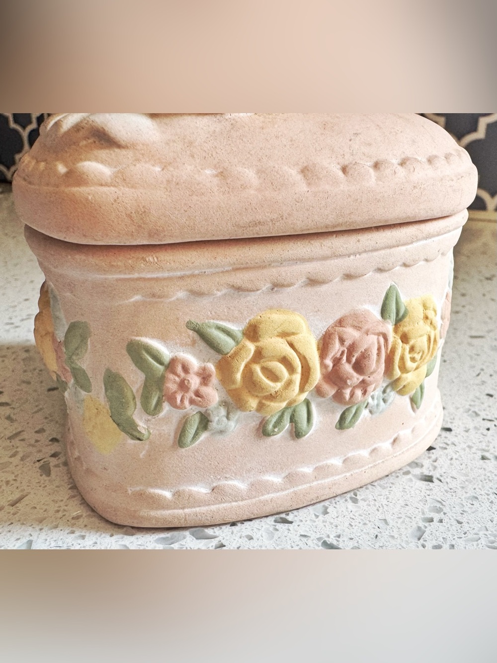 Vintage Pink Ceramic Cherub Heart Trinket Jewelry Box Floral - Picture 5 of 7